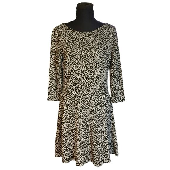 Loft Dark Floral Black and Silver Scoop Neck A Line Knee Length Dress Size 8 - Picture 1 of 7